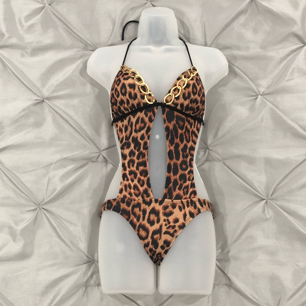 Leopard Print Gold Chain Accent Scrunch Bottom One-piece Swimsuit - Size Small